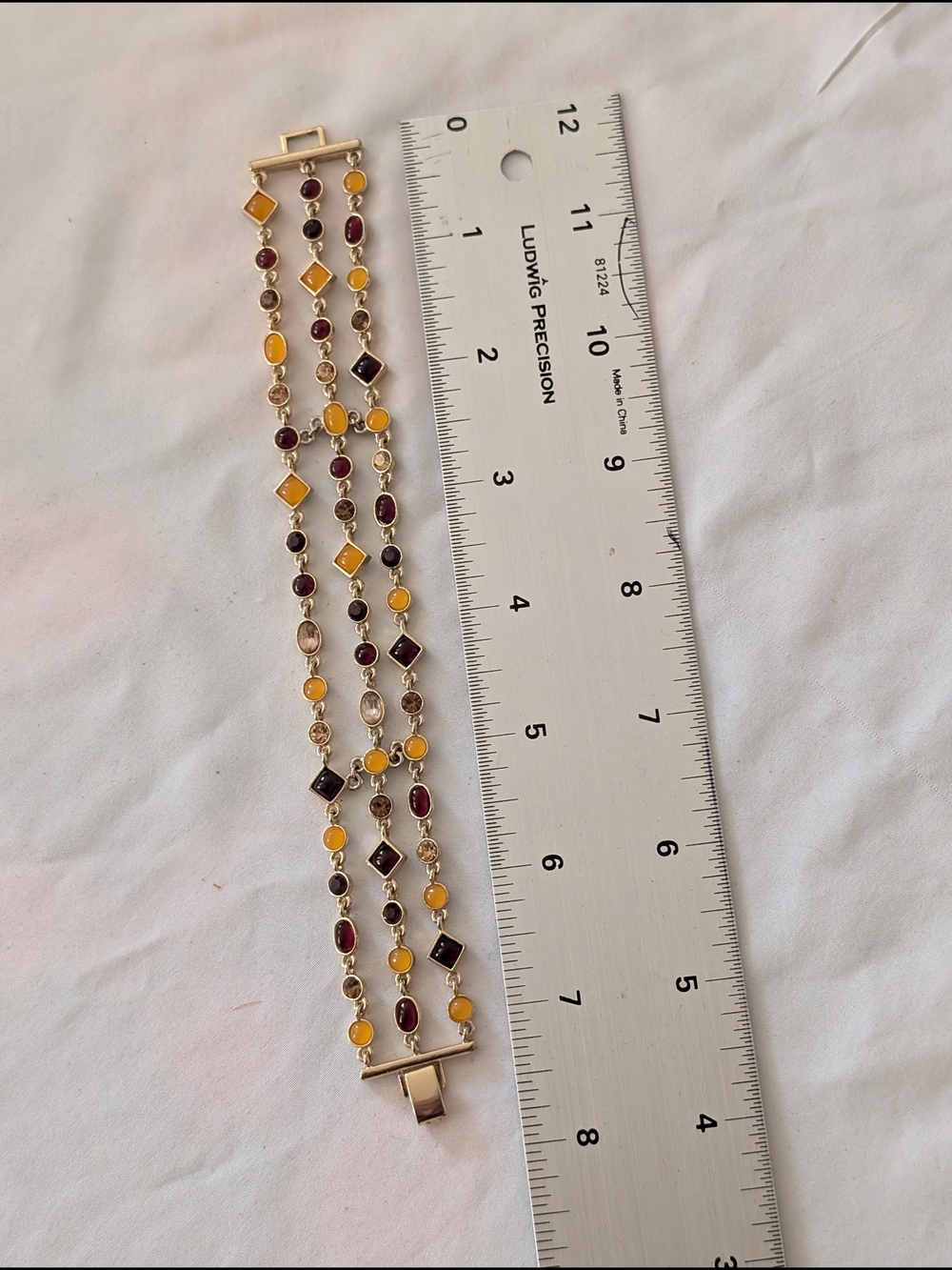 Gold Multi-Stone Triple Strand Bracelet - Yellow & Burgundy